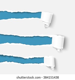 Three white torn paper rolls over blue background with space for text. Realistic vector torn damaged paper with ripped edges. Torn paper roll template for banners, advertising, sale promo