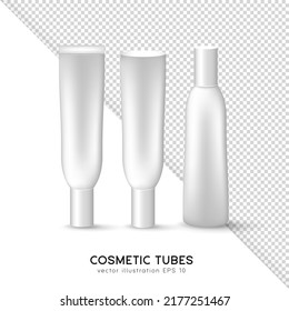 Three white tubes for cream, lotion, gel, moisturizer, serum, emulsion, tonic. Mockup of cosmetic containers, boxes, packages, bottles, flacons. Skin care and treatment products template for branding.