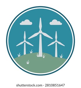 Three white wind turbines on green hill with clouds, renewable energy concept