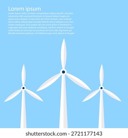Three white wind turbines stand tall against a bright blue sky, symbolizing clean, renewable energy and sustainable power generation. The illustration features a minimalist design.