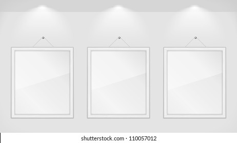 Three white wooden frames on gray wall, vector eps10 illustration