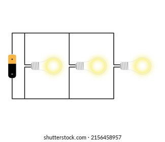 Three white and yellow circular gradient light bulbs connected in parallel to a battery with black wires. White background.