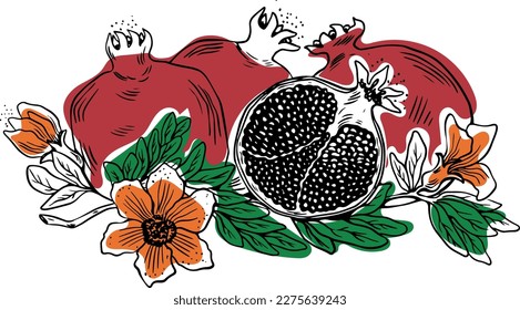 Three whole one sliced pomegranate with leaves and flowers black sketch style on white background