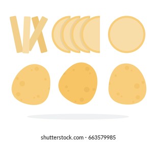 Three whole potatoes. Round pieces of potatoes, potato wedges and potatoes cut with straws vector flat material design isolated on white