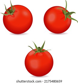 Tres tomates de cerezo rojo entero para carteles, volantes, afiches, tarjetas, medios sociales. Hortalizas ecológicas y saludables, dietéticas y vegetarianas. Ilustración del vector aislada en fondo blanco