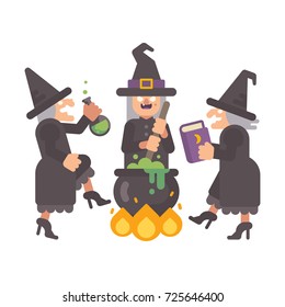 Three wicked old witches brewing a potion. Three evil sisters dancing around the fire and cauldron. Halloween character flat illustration