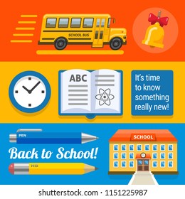 Three wide school designs with bus, book, buinding. Its time to go to school and learn something really new. Vector illustration for education design.