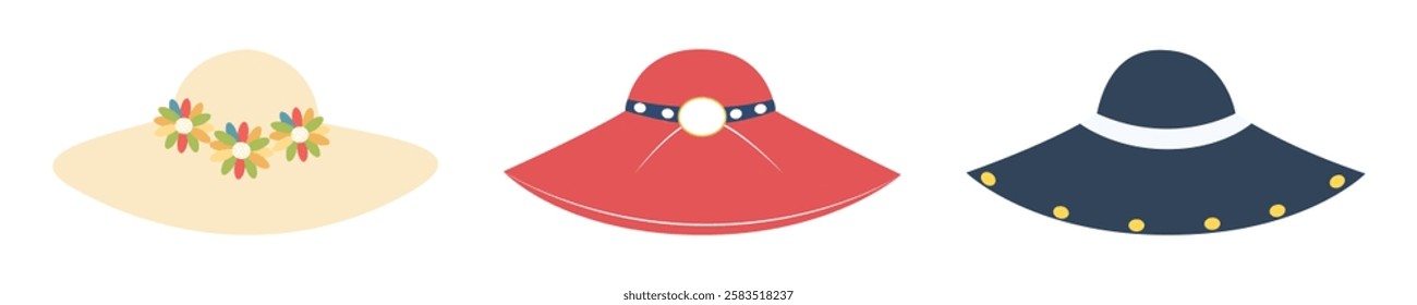 Three wide-brim hats in beige, red, and navy blue. Vector illustration.