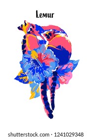Three wild lemurs sitting on the hibiscus flowers. Abstract vector design drawn in the technique of rough brush in vibrant colors