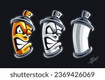 Three wild style graffiti spray cans: with mad face and clean one. Paint can graffiti illustrations isolated on black. Vector graphic. 