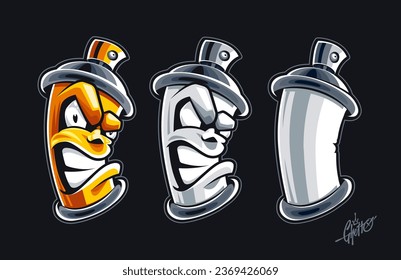 Three wild style graffiti spray cans: with mad face and clean one. Paint can graffiti illustrations isolated on black. Vector graphic. 