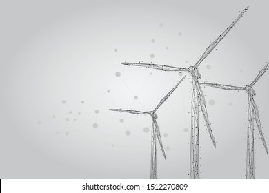 Three wind mills consisting of points, lines, and shapes. Wind turbines field. Renewable alternative sources of electric energy. Low poly wire frame vector illustration.