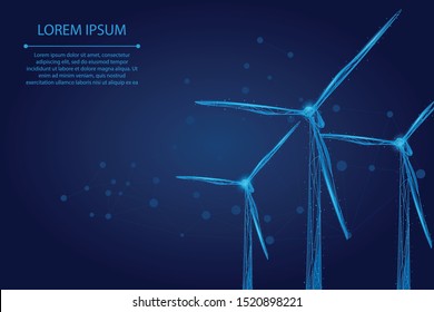 Three wind mills consisting of points, lines, and shapes. Wind turbines field. Renewable alternative sources of electric energy. Low poly wire frame vector illustration.