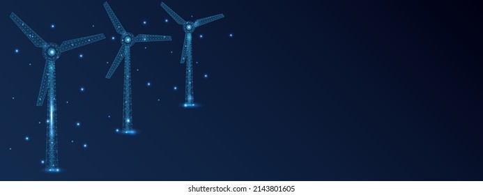 Three wind mills made of glowing triangles, lines, dots. Wind turbines field. Renewable alternative sources of electric energy. Low polygonal wire frame design. Vector illustration.