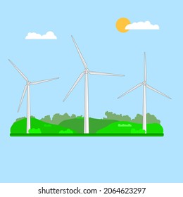 three wind turbines as a concept of green and renewable energy. vector illustration