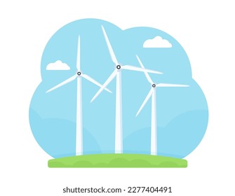 Three wind turbines on the blue sky background with clouds, green energy concept, vector eps10 illustration