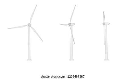 Three wind turbines. Set of vector images. Concept natural Energy