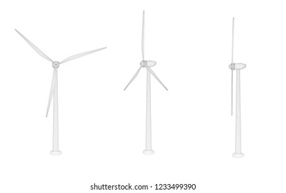 Three wind turbines. Set of vector images. Concept natural Energy