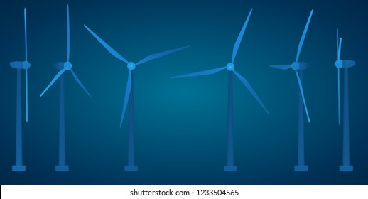 Three wind turbines. Set of vector images. Concept natural Energy