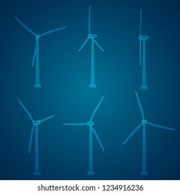 Three wind turbines. Set of vector images. Concept natural Energy