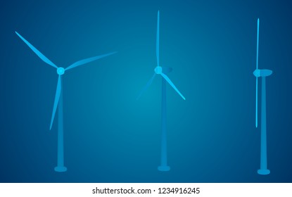 Three wind turbines. Set of vector images. Concept natural Energy
