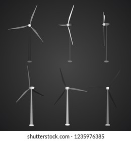 Three wind turbines. Set of vector images. Concept natural Energy