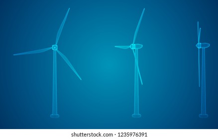 Three wind turbines. Set of vector images. Concept natural Energy