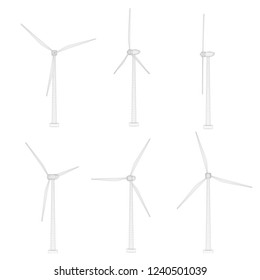 Three wind turbines. Set of vector images. Concept natural Energy
