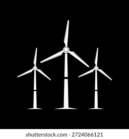 Three Wind Turbines Silhouette on Black Background. Renewable Energy Source Icon for Clean Power Generation.