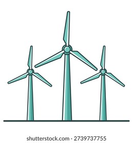 Three wind turbines standing in a row generating renewable energy cleanly icon
