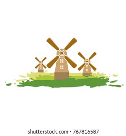 three windmills on meadow in color-vector drawing