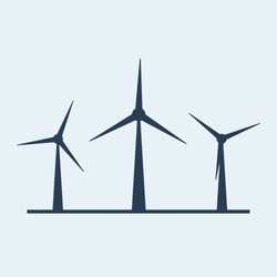 Three Windmills Stand In A Row, Extract The Energy Of The Wind, A Flat Vector Illustration, White, Black, Blue Pillars Icon