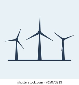 Three windmills stand in a row, extract the energy of the wind, a flat vector illustration, white, black, blue pillars icon