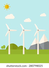 Tres molinos de viento parados bajo el calor del sol. Un estilo contemporáneo con paleta pastel, un fondo suave de tonos azules con nubes desaturadas. Ilustración de diseño plana vectorial. Diseño vertical.