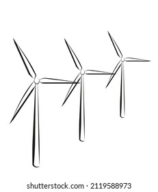 Three windmills-electric generators in perspective, flat black and white illustration in line art style