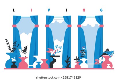 Three windows behind colored vases in a living room