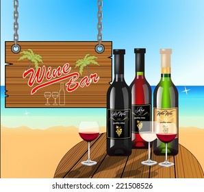 Three wine bottle and glasses with white, red and rose wine on wooden table on seashore. retro old sign for wine bar. In the background is the blue sea, beach and sky. vector art image illustration