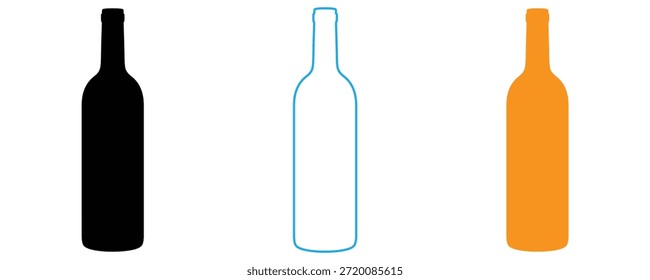 Tres botellas de vino en colores negro, contorno y naranja para uso de diseño