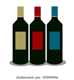 Three wine bottles for design flat style vector illustration. Isolated bottle. Template for design.