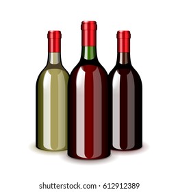 Three wine bottles isolated on white photo-realistic vector illustration