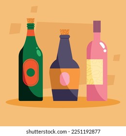 three wine bottles set icons