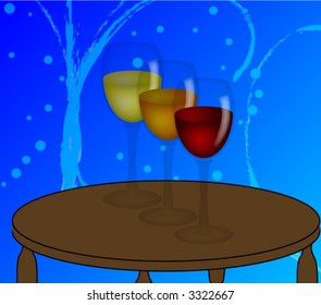 Three wine glass on a table, celebration, vector art