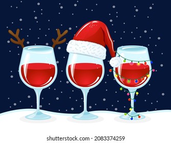 Three wine glass, Wine in Santa hat, Christmas light, reindeer antlers - Merry Christmas decoration. Jingle Juice, Holiday cheers. Home decoration or t shirt design, ugly sweaters.