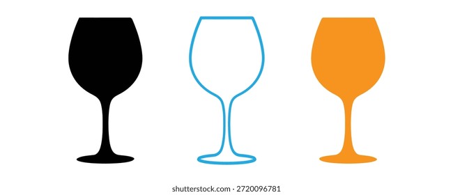 Tres copas de vino en colores negro, azul y naranja para conceptos de diseño y bebida