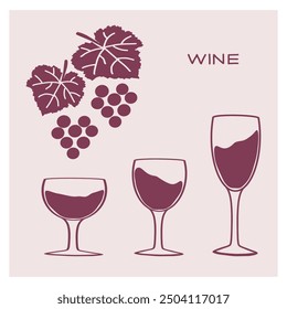 Three wine glasses displayed with grape leaves and clusters on a pastel background