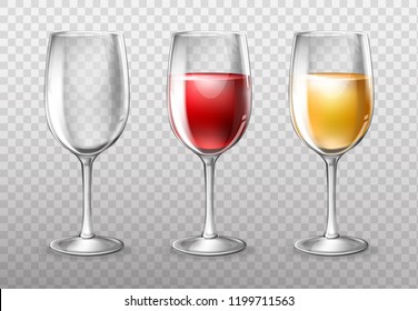 Three wine glasses, empty and full of red and white wine, vector 3D realistic illustration isolated on background. Transparent glassware, element design for menu, shop windows