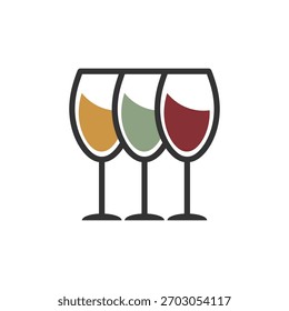 Logo de tres copas de vino de pie lado a lado. 3 icono de vino de vidrio en una fila. Ilustración vectorial.