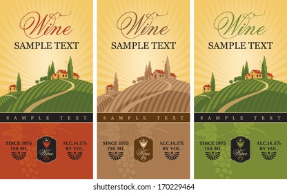 three wine labels with a landscape of vineyards