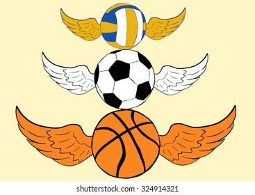 Three winged balls the football volleyball and basketball 