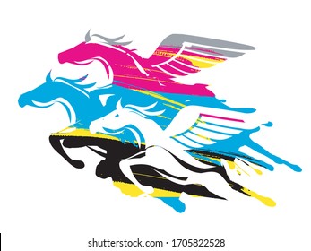Three winged horses, cmyk print colors. 
Colorful illustration of horses at Full Speed. Concept for presenting color printing. Vector available.